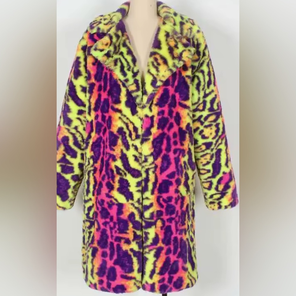 3X Unisex Oversized Colorful Neon Leopard Print Faux Fur Festival Coat